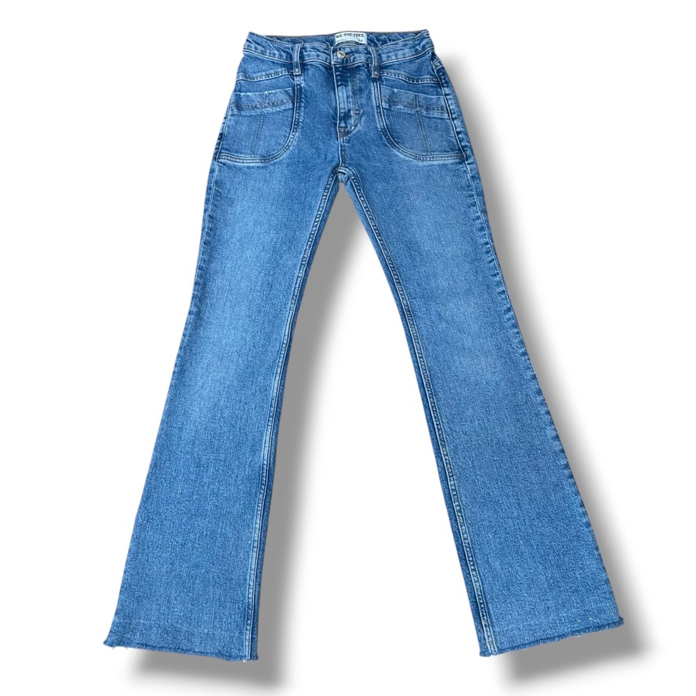 Free People We The Free Flare Jeans Blue Unique Pockets Raw Hem 26x30